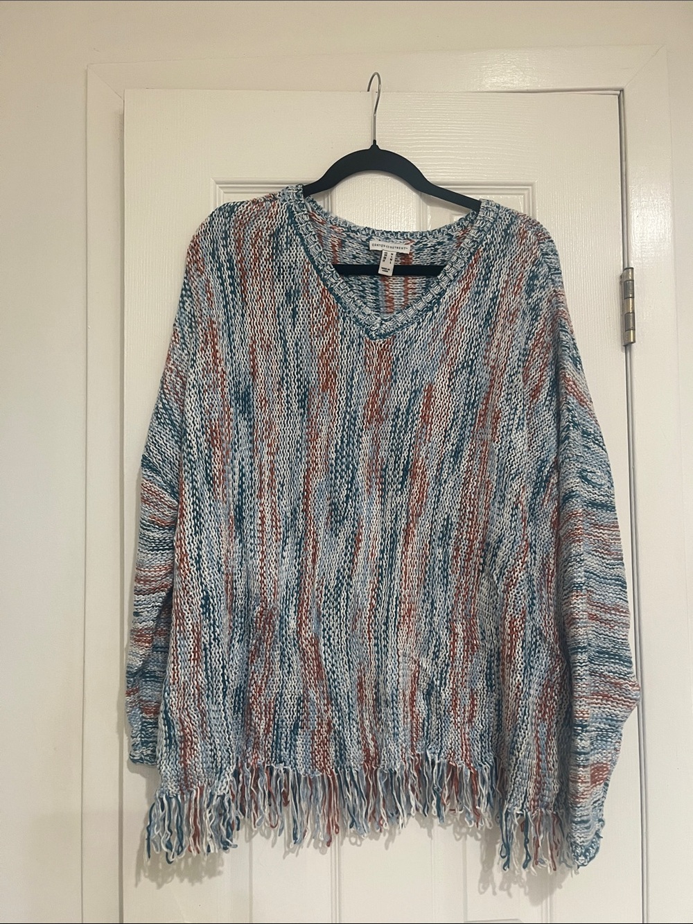 Striped Fringe V-Neck Sweater in Blue, Rust & White